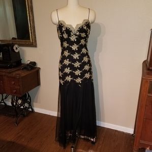 Full length evening gown gold lace mesh over black